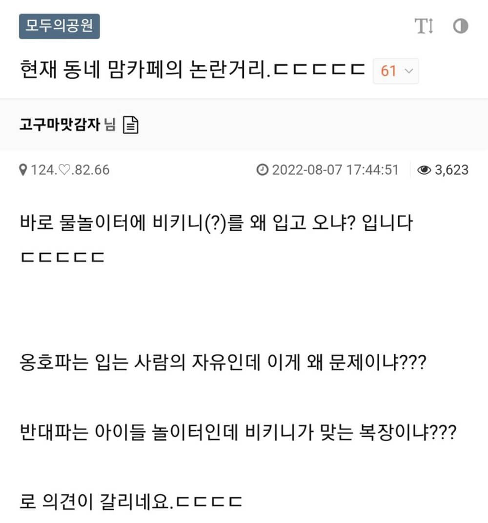 현재 동네 맘 카페의 논란거리