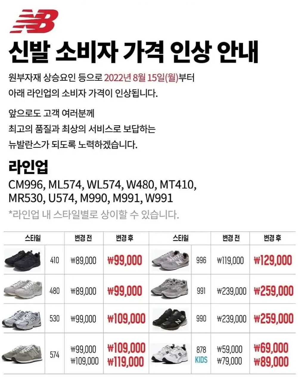 뉴발란스 신발 가격 인상 공지