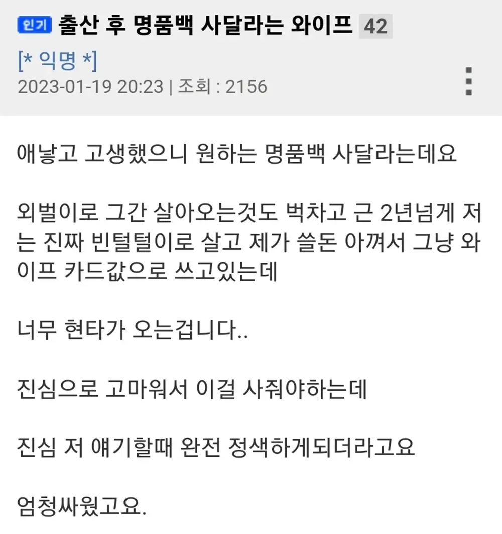 출산 후 명품백 사달라는 와이프