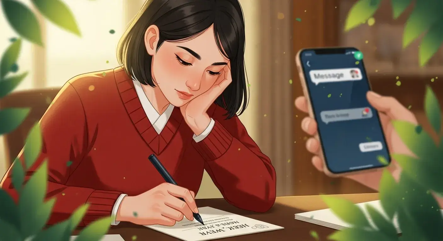 새해인사 2 펜으로 새해 인사말을 정성스럽게 작성하는 사람의 모습과 디지털 메시지 아이콘이 함께 있는 이미지.
